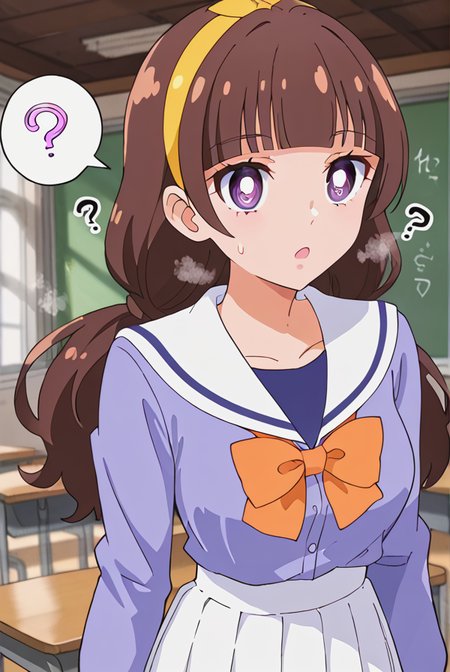 score 9, score 8 up, score 7 up, rating questionable,detailed background,aroused,cinematic lighting,dynamic lighting, source_anime,
Amanogawa Kirara, brown hair, blunt bangs, long hair, low twintails, yellow hairband, purple eyes,(large breasts:1.2), narrow waist, <lora:Amanigawa_KiraraV1:0.7>,
steaming body,sensual, alluring,sweatdrop,heavy breathing,
classroom,
school uniform, white sailor collar, purple shirt, long sleeves, orange bowtie, white skirt, blue thighhighs,
 <lora:Hypnosis_XL_general:0.8>,(hypnosis, mind control), (:1.3),(empty_eyes), blank stare, open mouth,(spoken question mark:1.2)