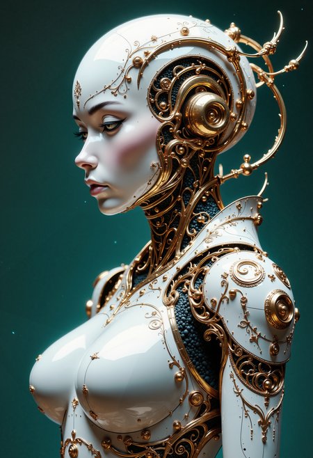 A hyper-realistic depiction of a futuristic robotic figure with an emphasis on intricate details and opulent aesthetics. The robot has a porcelain-like surface with a glossy white finish, accented by elaborate golden designs that flow gracefully across its form. Metallic armor pieces are stylishly integrated into the shoulders, showcasing ornate patterns and smooth contours. The backdrop features a deep teal color that contrasts beautifully with the figure, enhancing the overall elegance. Soft, diffused lighting highlights the curves and intricate embellishments of the robot, creating a sense of depth and reverence for the craftsmanship. Include subtle reflections and shading to emphasize the materials' textures, giving a lifelike quality to this elegant piece of technology.<lora:Flux/MysticFantasy.safetensors:0.5:0.5>