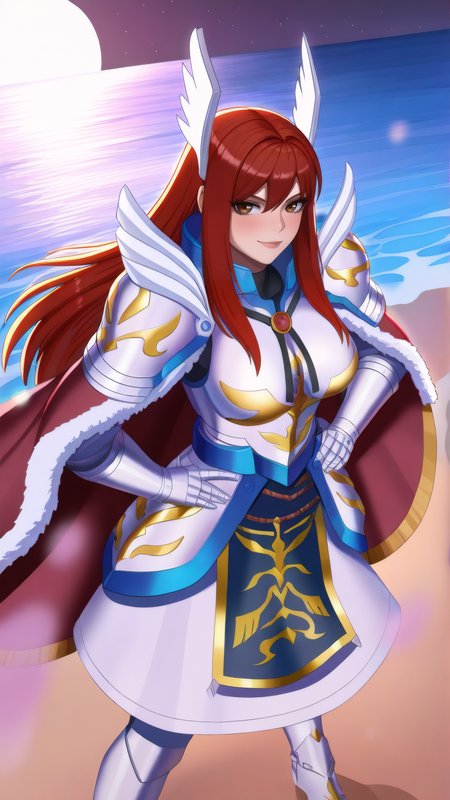 masterpiece, best quality, very aesthetic, absurdres, BREAK, 1girl, looking at viewer, cowboy shot, 
<lora:Farewell_Erza_Illu_Dwnsty:1>, erz_farewell, brown eyes, red hair, long hair, wing hair ornament, hair ornament, head wings, valkyrie, armored dress, shoulder armor, red cape, gauntlets, fur trim, boots, pauldrons,
large breasts, lips, hands on own hips, light smile, 
beach, starry sky, ocean, moonlight, moon, sand,