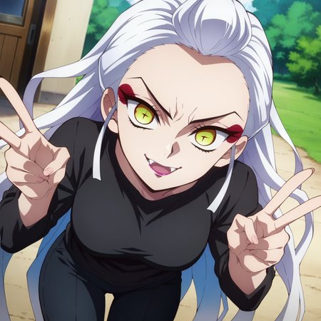 looking at viewer, outdoors, solo, cowboy shot,
<lora:Daki v1:1> daki,  yellow eyes, slit pupils, long hair, makeup, lipstick,
white hair,multicolored hair,
black shirt, long sleeves, black pants,  light smile, double v, open mouth, fangs, fang, 
anime screencap, masterpiece, best quality,