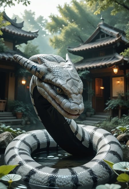 (((score_9, score_8_up, score_7_up)):2.0), source_photo, hyperrealistic, photo, photorealism,  realistic lightings, Dynamic Lighting, s1_dram, Warm lighting, Japanese garden, cherry trees, detailed background, (((Naruto_Manda, snake))), slit pupils, green eyes, purple body, body markings, black eye markings, 2 pair of horns, black belly scales, highly detailed, cinematic lighting, realistic shadows, skin texture realistic, masterpiece, award winning photography