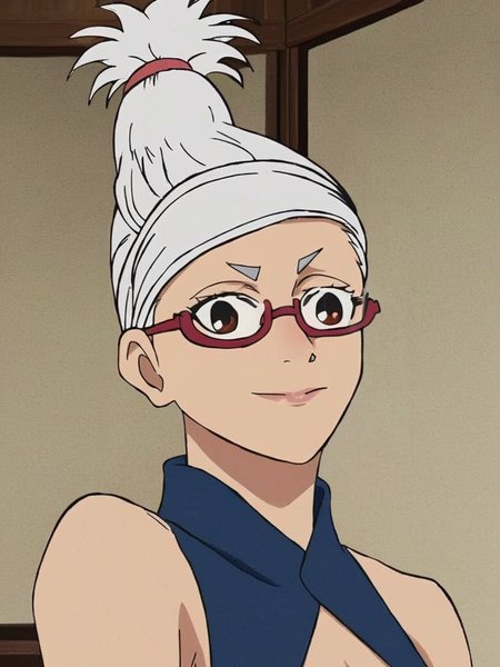 score_9, score_8_up, score_7_up, seikoayase, a stylized character with white hair styled in a ponytail, wearing glasses and a blue hoodie, 1girl, solo, looking at viewer, blush, smile, short hair, simple background, closed mouth, upper body, sleeveless, indoors, lips, blue shirt, single hair bun, freckles, nose, blue sailor collar, volumetric lighting   <lora:dandadan_pony_v1-1:0.9>