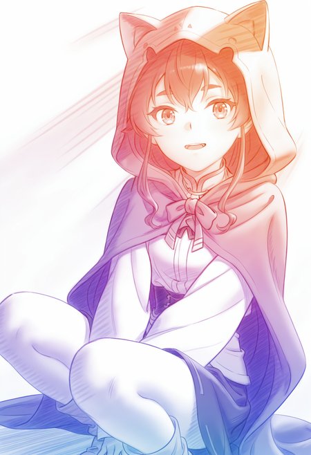 <lora:Colored pencils_illustrious-000098:1.2>,
monochrome,simple_background,colorful,
<lora:Eris Greyrat_illustrious-000016:0.8>,
Eris Greyrat,solo,hood,white shirt,shirt,animal hood,hood up,looking at viewer,sitting,cat hood,long sleeves,parted lips,hand between legs,socks,thick eyebrows,fake animal ears,cloak,skirt,squatting,double v,upper_teeth,smile