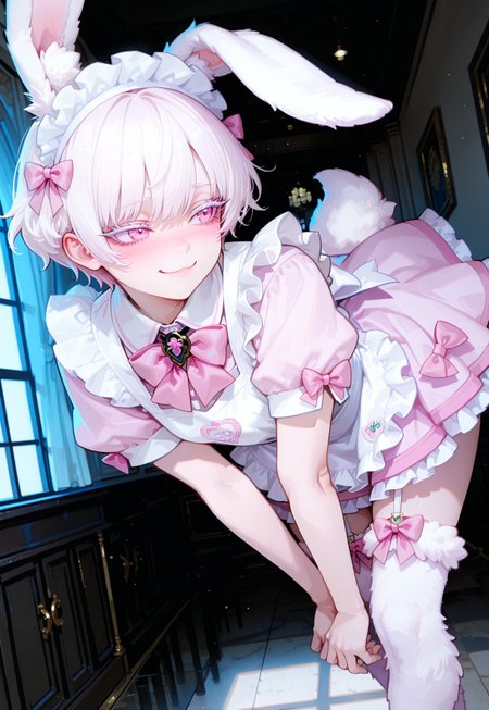 anime, best quality, dynamic pose, expressive, dynamic pose, dynamic angle, volumetric lighting, cinematic lighting, absurdres,
BREAK 
,
1girl, pixie cut, short hair, white hair, wavy hair, white eyelashes, fluffy hair, withe skin, beautiful pink eyes, little, cute, fluffy outfit, Wererabbit, animal legs, thighhigh fur, rabbit ears, fluffy, (handsome, bishounen, masculine),
BREAK 
,
indoors, white and pink ballroom, cute, blushing, shy, detailed, beautiful, masterpiece, high quality, adorable, shy smile, maid, maid headdress, apron, pink dress, frills, short sleeves, pink bow, mori_calliope