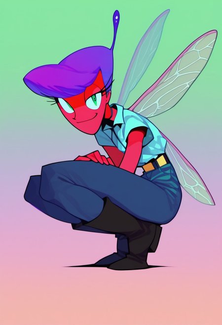 score_9, score_8_up, score_7_up, score_6_up, faerie, squatting, heavy black boots, highly detailed, insect wings, monster girl, perfect eyes looking at viewer, small tits, colored skin, etro artstyle, 2000s \(style\), gradient, flat color, pastel \(medium\), solo