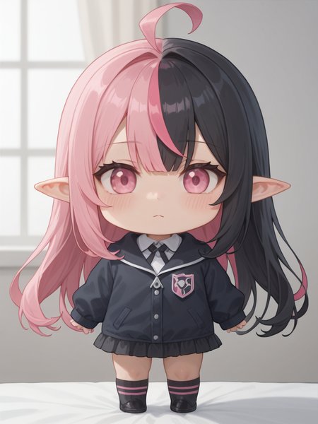 <lora:Draculaura1.0:1> draculaura, multicolored hair, pink hair, long hair, solo, black hair, streaked hair, two-tone hair, pink eyes, pointy ears, <lora:neuralsd3:1> sd, chibi