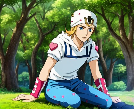 <lora:johnnyjojo:1.2>screenshot, ((johnnyjojo)),  halfbody,  hat, 1boy, blonde hair, blue eyes, lying on ground, masterpiece, best quality solo, 4k, 8k, pixiv art, male fucus, male, closed mouth, detailed face, hires, HQ, blue pants,  best quality, masterpiece, intricate details, tonemapping, sharp focus, hyper detailed,  mountains trees   background, digital painting, anime  Ghibli style  <lora:studioGhibliStyle_offset:0.8>