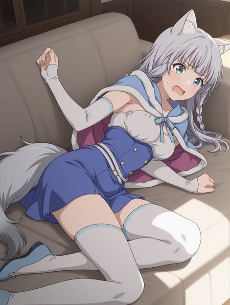 (blue capelet blue dress detached sleeves white thighhighs blue flats:1.50), 
km-shigure, blue eyes, grey hair, bangs, long hair, wolf ears, wolf tail, 
medium breasts, 1girl, 
(masterpiece, highres, ultra-detailed,very aesthetic, best quality, absurdres, high quality, highres), 
excited,
on side,
(:0.90), 
BREAK,
indoors,
,
(solo:0:4::0.40), (skinny:0.8),
(),
<lora:km-shigure-V04-illXL-000003:0.80>