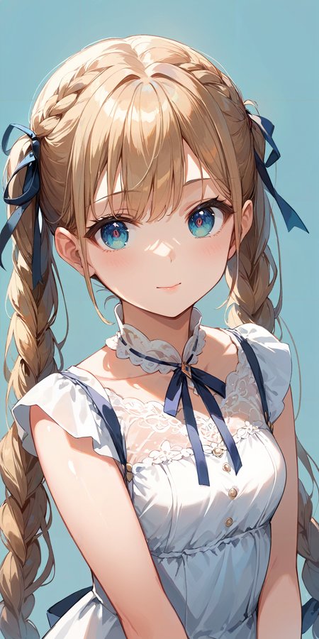 score_9, score_8_up, score_7_up,source_anime, high res image,masterpiece,best quality,girl,cute face,clear skin,shiny hair,ultra detailed eyes,simple background,     <lora:braid twintail_pony_V1.0:1> braid twintail, ribbon,very long hair,dress