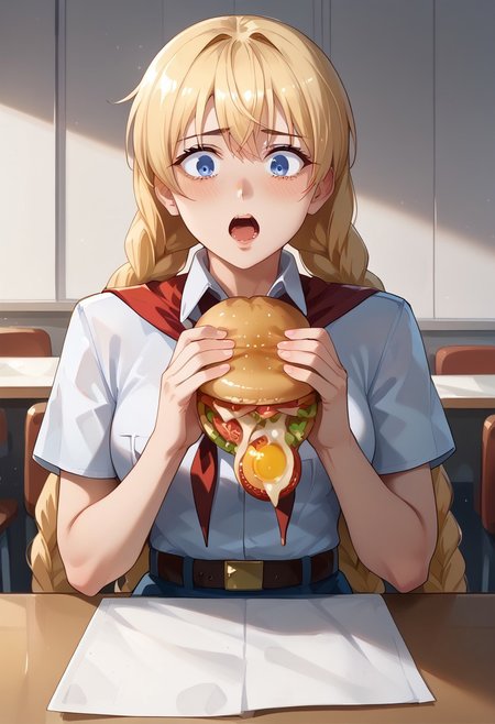 score_9, score_8_up, score_7_up, score_6_up, score_5_up, score_4_up, detailed eyes, detailed skin, source_anime, source_anime, masterpeice, best quality, very aesthetic, absurdres, BREAK
<lora:Expressive_H:1>,<lora:Everlasting_Summer_Slavya_by_GraffMetal:0.8>, slavya, blonde hair, very long hair, long hair, twin braids, blue eyes, 1girl, medium breasts, shiny skin, BREAK, white collared shirt, short sleeves, red neckerchief, neckerchief, belt, blue skirt, BREAK, inside, cafeteria, table, chair, 
<lora:Everlasting_Summer_Vanilla_Backgrounds_by_GraffMetal:0.7>, <lora:Everlasting_Summer_Vanilla_Art_Style_by_GraffMetal:0.7>, BREAK, sitting, burger, eating burger, burger malfunction, shocked,