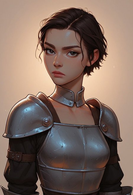(score_9, score_8_up, score_7_up). ( line work, excellent drawing, highest quality, extremely detailed:1.2). 1girl, Joan of Arc, 24 year old, adult face, perfect face, medieval french girl, short hair, dark hair, dark eyes, solid black eyes, dark lashes, shiny look, petite, nymph, Knight, armor, breastplate, gorget, athletic, slender waist, confident, serious, 3/4 view, cowboy shot, g0thicPXL, romantic, cinematic lighting, volumetric lighting, source_cartoon, source_anime