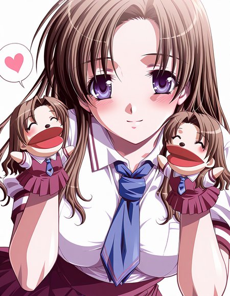 masterpiece, best quality, amazing quality, official art, ultra highres, very aesthetic,
1girl, solo, shizutani_shion, long hair, brown hair, blue eyes, 
school uniform, skirt  BREAK  
light smile, blush, looking at viewer, spoken heart
standing, hppt,hand puppet, happy aura, ^ ^, 
simple background, white background, upper body, deep contrast of light and dark, highly detailed
<lora:shizutani shion v1.0-000011:1> <lora:hand_puppet_IL_v1:1>