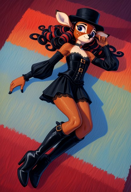 score_9, score_8_up, score_7_up, source_furry
-Character: (Anthro furry deer cute petite young), deer fur, (deer ass), deer tail, (small breasts), (sagging breasts:0.6), slender, (pale skin:0.8), black hair, long hair
-Character focus: (dynamic angle:1.2), sharp focus
-Style: cowboy shot, lying, undressing, Dark Romantic Goth Opulent Dark Romantic
-Jewelry: Gold or black chokers with large, dark gemstones, ornate rings, and dramatic drop earrings with intricate designs
-Upper body: Deep red velvet blouse with a high lace collar and puffed sleeves, layered under a black corset with elaborate detailing
-Lower body: Black skirt with layered tulle and lace, featuring a subtle dark red undertone
-Feet: Black lace-up boots with velvet accents or deep red high-heeled shoes
-Hairstyle: Long, loose curls with dark red highlights or soft curls
-Headwear: A small black hat with dark red feathers or a lace headband with a bow
-Additional accessories: A dark red silk shawl and a vintage-style black clutch, long sleeves, slim and slender body, sexy, dynamic pose, pin-up pose, very long hair
colored_outline, colored_stroke, rainbow_stroke, outline_thickness:0.5
ral-neotlns
vibrant color palette, high contrast, glowing outlines
<lora:uenomigi_XL:1>, <lora:Line-illustration:1>, lineart, <lora:Furryfication Slider_alpha1.0_rank4_noxattn_last:1>, <lora:ncpy13 style_a:1>, ncpy13 style, pastels drawing, <lora:d\EnvyImpressionismXL01:1>, impressionism