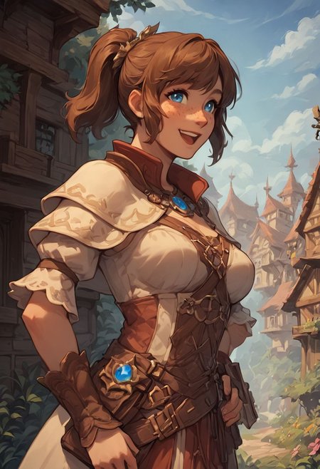 score_9, score_8_up, score_8_up, 1girl, sexy 20yo white caucasian girl, happy, smiling, friendly, girl standing, (((fantasy adventurer))),  (brown hair), ponytail, bangs, sidelocks, short hair, freckles, blue eyes(medium breasts;1.3)  narrow source comic book, pastel colors, high res image, masterpiece, fantasy town