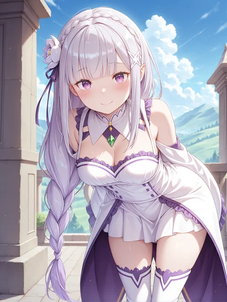 <lora:Emilia Illu:1>1girl, solo,
em1lia, pointy ears, purple eyes, grey hair, blunt bangs, long braid
emili4default, white dress, hair flower, x hair ornament, purple hair ribbon, crown braid, bare shoulders, detached sleeves, wide sleeves, frills, detached collar, green gem, white thigh boots, 
standing, looking looking at viewer, arms behind back, leaning forward, smile, blush, thighs, 
outdoors, blue sky, clouds, 
 <lora:cfg_scale_boost:1>, masterpiece, best quality, amazing quality
