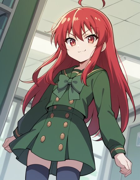 score_9, score_8_up, score_7_up, source_anime, <lora:shakugan-no-shana-s3-ponyxl-lora-nochekaiser:1>, shana, long hair, red hair, red eyes, ahoge, sidelocks,, school uniform, serafuku, green serafuku, bowtie, green bowtie, green shirt, green sailor collar, long sleeves, green skirt, buttons, thighhighs,, apartment, building, rooms, residents, balconies, , smug, looking at viewer, solo,, dutch angle, cowboy shot