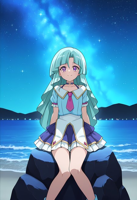 masterpiece,best quality,amazing quality,

solo,

Saya Yatomi (Cardfight Vanguard), long hair, aqua hair, purple eyes,

choker, jewelry, necktie, short sleeves, idol, idol outfit, skirt,

looking at viewer, smile, 

lying, Leaning back on rock,

cinematic, 

bloom, night, at beach, starry sky, galaxy sky, glowing blue ocean waves,  blue light, detailed shadow,

Official style, anime screencap, anime coloring, 
















