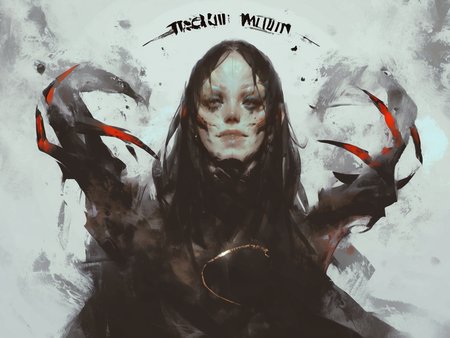 1boy artist_name black_background black_hair claws english_text horror_(theme) long_hair looking_at_viewer male_focus monster primarch raven_guard simple_background solo white_background, <lora:VladimirMatyukhinV8:1>, score_8_up, score_7_up