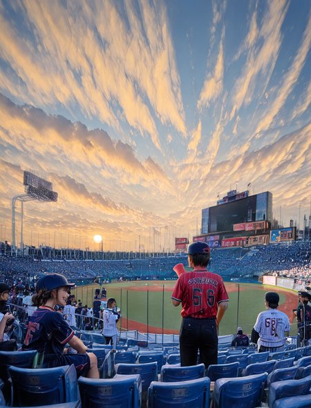(1girl:1.5), (general:1.3), (detailed background:1.5), baseball jersey, (white jersey, red pinstripe pattern:1.1), dark blue baseball cap, dark blue undershirt, holding megaphone, happy, evening, (smile:1.4), sparkle, cowboy shot,  crowd BREAK
<lora:jingu_stadium:1> jingu stadium, outfield seats, stands, baseballfield, scenery, outdoors, audience, crowd, people, multiple boys, multiple girls, day, sunset, night, cloud, cloudy sky, sky, building, city, cityscape, skyscraper, sign, sun, blue sky, seats, backstand, electronic display board, BREAK
dramatic shadows, cinematic lighting, (photo background:1.1), (8K resolution:1.2), (masterpiece:1.2), best quality, amazing quality, very aesthetic, absurdres, newest, (ultra detailed:1.3), (uhd:1.1), <lora:cfg_scale_boost:0.7> <lora:Smooth_Booster_v2:0.5> <lora:StS-Illustrious-Detail-Slider-v1.0:3.0> BREAK