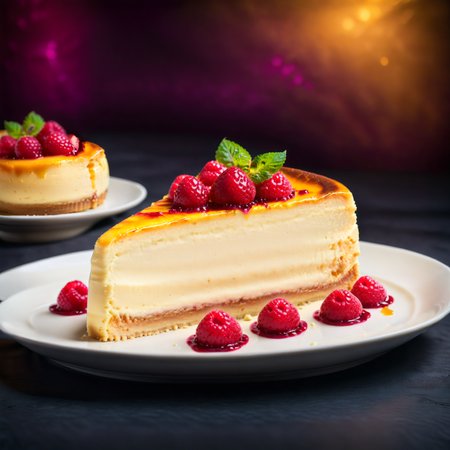 <lora:SwedishDessertsXL:1> CheeseCake <lora:add-detail-xl:0.5> <lora:Food_Photography_-_Dark:0.5>, food photography, ad photography, promotional photography, glowy textured backdrop, in dark studio background, cinematic lighting, minimal professional photography, soft lighting, spot light, studio lighting style, bright lighting, vibrant colors, 4k, (Masterpiece:1.3) (best quality:1.2) (high quality:1.1)