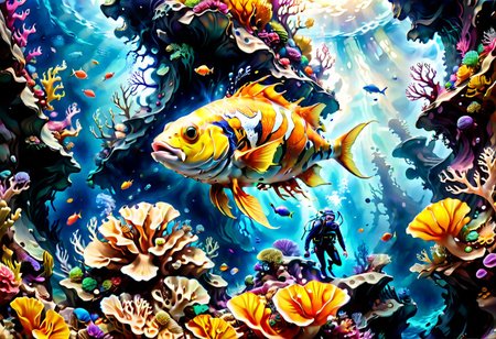 high contrast, lively colors, highest quality,masterpiece, 4K HD,vibrant colors ,wide angle, cinematic,  realistic, hyper detailed,Extremely high-resolution details, photographic, realism pushed to extreme, fine texture, incredibly lifelike,sharp, colorful
hyperkraximalism,
a diver descends into the ocean abyss, wide angle , reefs, fish