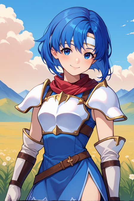 score_9, score_8_up, score_7_up, score_6_up, source_anime, 1girl, solo,  <lora:fecatria-pdxl-nvwls-v1-000006:1> dfCtra, blue hair, medium hair, blue eyes, white headband, white armor, breastplate, sleeveless dress, blue dress, shoulder armor, red scarf, brown belt, long gloves, white gloves, blue thigh boots, looking at you, blue sky, mountains, field, clouds, upper body, portrait, smile, happy, closed mouth, blush