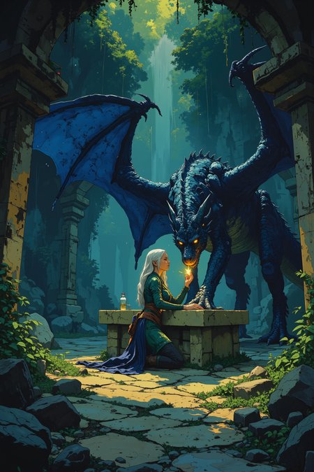 At the foot of a stone altar deep within a forgotten forest temple, an elven priestess with silver hair and glowing, emerald eyes kneels beside a wounded dragon, her hands glowing softly as she mends its broken wings. The dragon, its scales a deep sapphire blue, breathes heavily, its great body curled around the altar as it watches her with weary, ancient eyes. The temple, overgrown with ivy and moss, is bathed in the soft glow of twilight, shafts of light filtering through the broken ceiling and illuminating the priestessâs pale, serene face. The air is filled with the soft hum of ancient magic, as the priestess chants a healing incantation, her voice calm and filled with compassion. The dragon's scales shimmer faintly as the magic takes hold, knitting together the torn flesh and mending its wings, though its strength is still fragile. As her hands move, gentle and precise, the priestess whispers words of forgiveness to the wounded creature, her heart filled with empathy for the beast that once terrorized her people. The scene is one of quiet, sacred mercy, where healing transcends the bonds of fear and hate.,in the style of cksc,anime, cyberpunk, DB4RZ, DB4RZ style painting <lora:CPA:0.5><lora:FLUX-daubrez-DB4RZ:0.3><lora:Luminous_Shadowscape-000016:0.3><lora:ck-shadow-circuit-000021:0.35>
