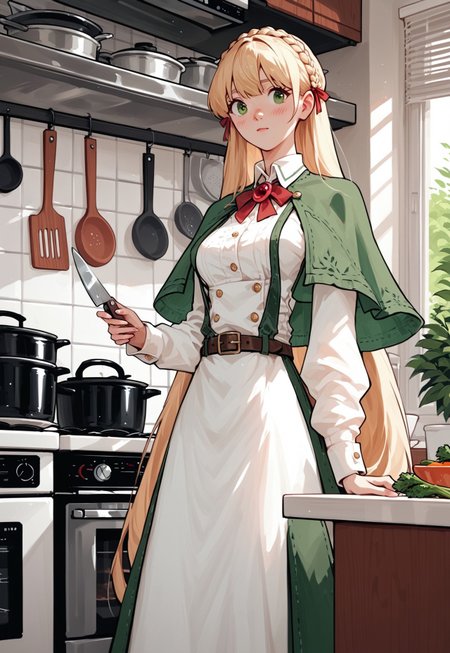 safe_pos, zPDXL3, score_9, score_8_up, score_7_up, 1girl, solo, medium breasts,

blonde hair, green eyes, crown braid, straight hair, very long hair, ribbon bangs, green capelet, white dress, sleeveless, belt, belt buckle, brooch, broach red gemstone, brown ankle boots,

indoors, kitchen, cooking, pot, vegetables, holding knife, chopping, cutting board, counter,

fomceline,