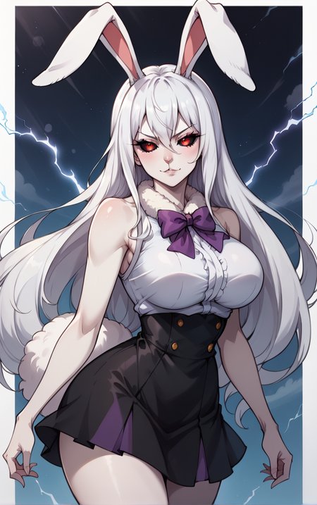 score_9, score_8_up, score_7_up, BREAK
SulongForm_WhiteDress_ownwaifu, 
1girl, red eyes, white hair, animal ears, rabbit girl, furry female, large breasts, white fur,  rabbit tail, body fur, colored skin, animal nose, colored sclera, electricity, fur collar, legs, long hair,  rabbit ears, thighs, white skin, alternate form, bangs, black sclera, hair between eyes, pale skin, snout,  
black skirt, white shirt, bow, ribbon, sleeveless, bowtie, purple bow, bare shoulders, miniskirt,  sleeveless shirt,
(portrait, head tilt, looking at viewer), white border, bokeh, <lora:PONYXL_ONEPIECE_Carrot_ownwaifu:0.8>, solo,