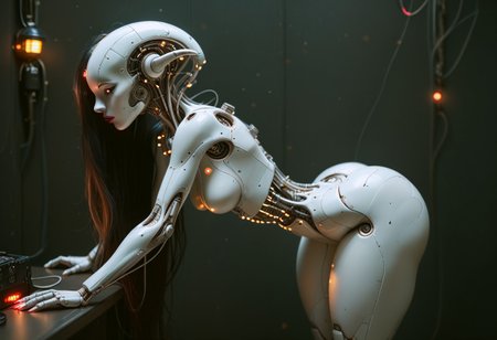 high quality, best quality, ultra-detailed, very aesthetic, source_realistic, 1girl, solo, Long black hair, swept bangs, curtained hair, dark brown eyes, dark makeup, cat eyeliner, red lipstick, beautiful lips, red long nails, very pale skin, curvy, medium breasts, thick thighs, round ass, dynamic pose, pinup pose, dim light, (sci-fi, perfect anatomy, android girl, erotic pose, reelmech, mechanical parts, cable, wires, machinery, joints, mecha, (medium breasts), ((fat ass, thick thighs, small waist)), high-contrast setting, alien android, flowing black hair, very long hair, dark moody dramatic background, glowing red, spaceship cockpit, galaxy, space, stars, planets, bright colors contrasted against dark background, (red neon glow) from consoles and screens, bright led lights, buttons, switches, (charging), conduit, bending forward, using console, glowneon, mechanical high heels), ultra-definition, fine details, high resolution, 8K wallpaper, perfect dynamic composition, (((tighs to head focus))), raw, photo, realistic