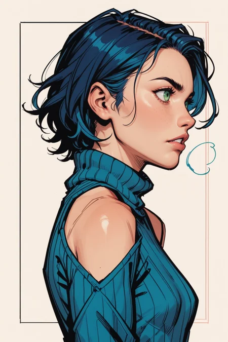 1girl, solo, upper body, short hair, turtleneck, breasts, black hair, long sleeves, shirt, blue hair, small breasts, sweater, green eyes, parted lips, from side, profile, a_Comic_Illustration, rough lines with ink, (drawn:1.1), (sketch:1.5), (crosshatching:1.25), (comic style:1.1), graphic novel style, sharp lines, hires, zstyle, (western comics \(style\):1.1), (hatching \(texture\):1.2), zPDXL, Mr_Monster_Possitive, <lora:Expressive_H:0.5>, score_9, score_8_up, score_8_up,
