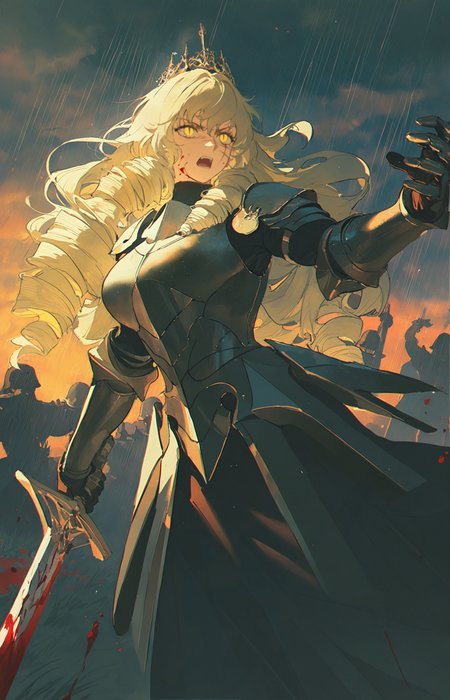 void 0, rella, john kafka, z3zz4, rei \(sanbonzakura\), 
1girl,mature female,tall female,blonde hair,long hair,wavy hair, drill hair, yellow eyes,muscular,medium breasts,frown, angry, shouting, open mouth,slit pupils, crown,armored dress,full armor,pauldrons,gauntlets,greatsword,holding sword,multiple scars,scar across eye,scar on face,blood on face, blood on weapon, blood splatter, incoming attack, spiky armor,
looking ahead, 
grasslands, battlefield, smoke, pile of corpses, raining, water, cloudy sky, embers, night,
multiple soldier, fighting,, masterpiece, best quality, amazing quality, very aesthetic, absurdres, best quality, newest,