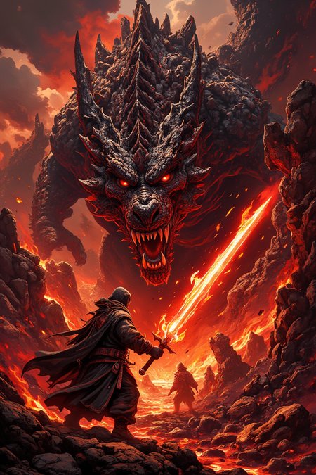 This image depicts a dramatic and fantastical scene featuring a menacing, colossal dragon facing off against a cloaked figure wielding a glowing red sword. The dragon is depicted with dark scales, fierce eyes, and sharp teeth, exuding an aura of immense power and aggression.

The setting appears to be a volcanic or hellish landscape, characterized by rocky terrain and a fiery atmosphere, suggesting intense heat and danger. The sky is filled with ominous clouds tinged with red hues from the surrounding flames and lava flows.

The overall tone of the image is one of epic confrontation and high fantasy, evoking themes of heroism, battle, and mythical creatures. The artwork showcases detailed textures and dynamic lighting that enhance the dramatic tension between the dragon and its opponent.