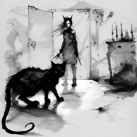 drawix8 girl with a black kitten in the demon room, claustrophobic, disturbing, dark, unusual expressive shot <lora:drawix8:1>