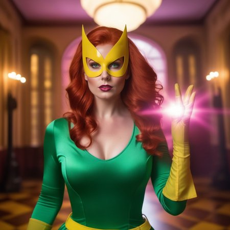 cinematic film still a full body redhead woman wears a green dress and a yellow mask and yellow highboots, powerfull superhero, casting a powerfull spell, dramatic pink ball lightning from hands, old mansion background <lora:MarvelGirl1024:0.8> . shallow depth of field, vignette, highly detailed, high budget, bokeh, cinemascope, moody, epic, gorgeous, film grain, grainy