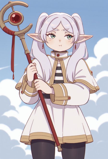 masterpiece, best quality, high resolution,
solo,  1girl, zzFrieren, long hair, twintails, green eyes, grey hair, pointy ears, elf, shirt, long sleeves, jewelry, earrings, striped, capelet, striped shirt, white skirt, black pantyhose, holding staff, pout,cloud, 
, <lora:NOOB_EPSv1_1_detailer_by_vlnvk_v0_5:1>, <lora:cudlil:.6> cudlil , <lora:FrierenIXL:.9>