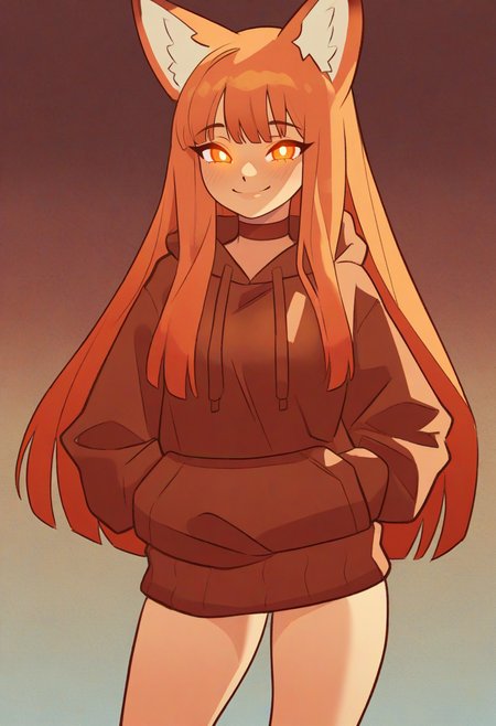 masterpiece, best quality, absurdres, KLMSP Style,
1girl, solo, fox girl, orange hair, long hair, straight hair, choppy bangs, orange eyes, glowing eyes, burgundy hoodie, mahogany choker, no pants,,
looking at viewer, smile,
<lora:KLMSP-IL:0.7>
