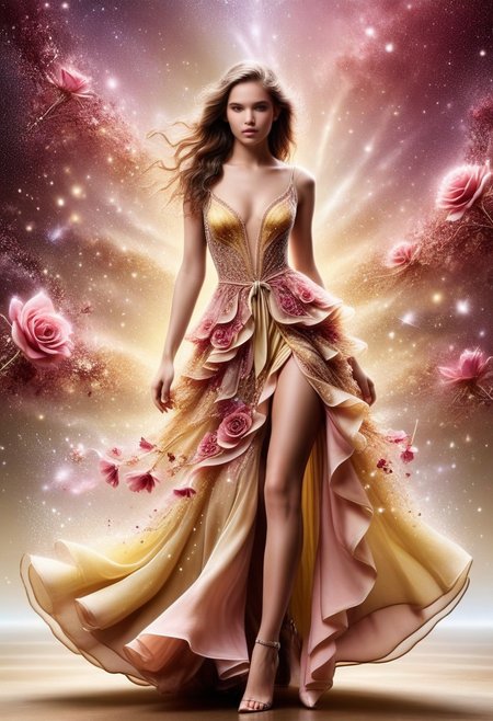 A beautiful intricate hyperdetailed CRYSTAL ornate flower filigree made of rose and pink and gold, on a stem, deep red liquid dripping from its petals, there are galactic patterns inside of the flower, slimy, intricate hyperdetailed yellow shades, A princess-style dress as envisioned by Elie Saab, awash with an ethereal glow from a pink sparkle lightning bolt design, festooned with ruffles and stars, glistening with every movement, creating an ambience of dreamy elegance, enhanced by the delicate interplay of lovely yellow and rose tones and the intricate embroidery of ambient flowers, stunning in its cuteness, sheer elegance, and resplendent in its sh, with pink bows, vintage, aesthetic, lovely, good atonomy