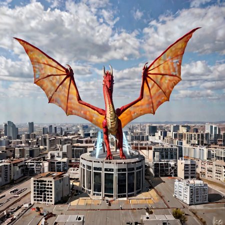 Dragon-like creature with holographic wings soaring above a dystopian wasteland
A fearsome, mythical beast infused with advanced technology, hovering over a ruined city with glowing, futuristic architecture in the background.