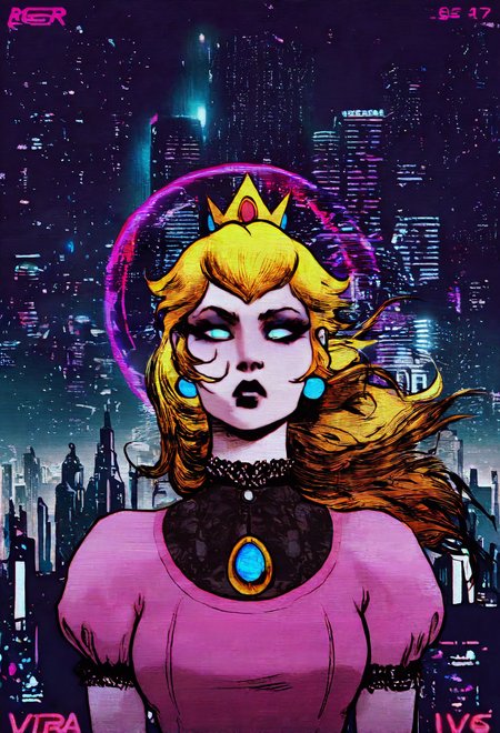 masterpiece, best quality, absurdres, <lora:ArielZuckerBrull-guy90-Illust-Lycorisv1:1>, rbuzra, vhs artifacts, princess peach, goth fashion, science fiction, city, blonde hair, 1girl, solo