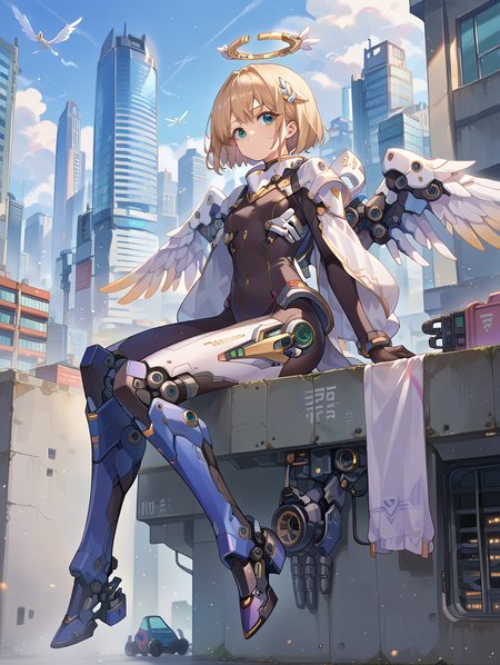 score_9, score_8_up, score_7_up,source_anime,
mechagirl02,
solo,mecha musume, 1girl, bodysuit,mechanical boots, mechanical parts, angel wings, 
light particles,engine,  valtava, sitting on building, 
city, 
 <lora:roboko-000015:0.7>