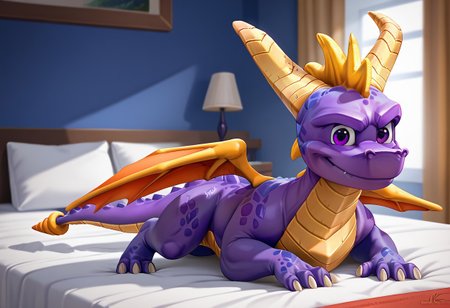 score_9, score_8_up, score_7_up, score_6_up, score_5_up, score_4_up, solo, rating_safe, source_furry, 1boy, bedroom, smile, full body, laying,
,
solo, dragon, horns, purple eyes, wings, claws
,
by_dreiker