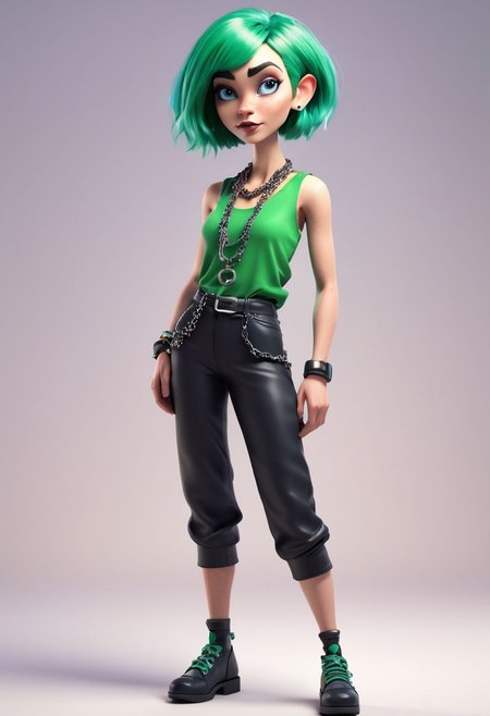 A captivating 3D render of a quirky and adorable claymation woman character. She sports a green gothic girly tank top, baggy very black pants, and chains and necklaces. Her short blue hair is reminiscent of a cubist style, with blue eyes that sparkle with personality. The woman crouches with a confident posture The overall vibe of the illustration is moody, brooding, confident, stylish, vibrant, a dash of whimsy. Glaring posing model glossy cool girl, 3d render, illustration