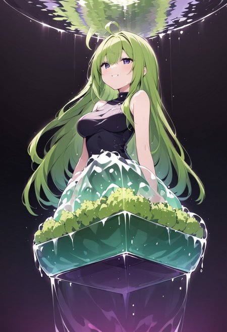 (masterpiece), (score_9, score_8_up, score_7_up,source_anime), 4K8K, best quality, high res image, illustration, Uncorrected, CG, 
(girl view from below. look-up angle:1.3), from side, 
1 woman sitting on a giant white grape slime, pretty white slime, (lot of white grape cubes around woman), (hair over breasts, long hair, hair censor:1.4), twinkle grape cube, 
slime, slime like a white grape, white grape slime, see-through slime, 
BREAK
medium breasts, 
(gradient hair, green hair, very long hair, Bangs covered eyes, ahoge, hair over breasts, hair censor), 
(hair blind eyes, half opened eyes, jitome, smile), 
wearing tube top, cube, 
in orchard, fruit orchard, fruits trees,