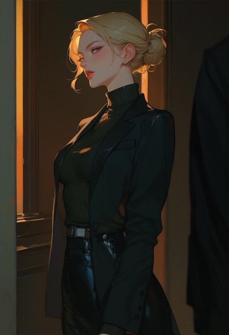 score_9, score_8_up, score_7_up, score_6_up, score_5_up, score_4_up, turtleneck sweater, black sweater, pale skin, semi-realism, medium breasts, tight clothes, dark narrow corridor, black latex gloves, formal suit, black suits, blonde hair, great artist, 8k, black formal jacket, shadows,