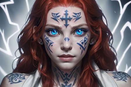 bright red hair, human female, (feminine:1.7), (beautiful face, detailed face:1.6), (beautiful eyes, detailed eyes:1.7), (looking at viewer, eye contact, intense:1.6), (long hair, red hair, curly hair:1.3), , ((masterpiece, best quality, high resolution, realistic, best quality,)), photo realistic, Perfect Face, (detailed face). <lora:GoodHands-vanilla:0.6> <lora:add-detail-xl:0.8>, mage, (Dress White military uniform coat), dagger, rune dagger, glowing runes, , (((glowing magic symbols tattoos, religious tattoos))), ((face tattoos)), glowing tattoos, stone tower in the background