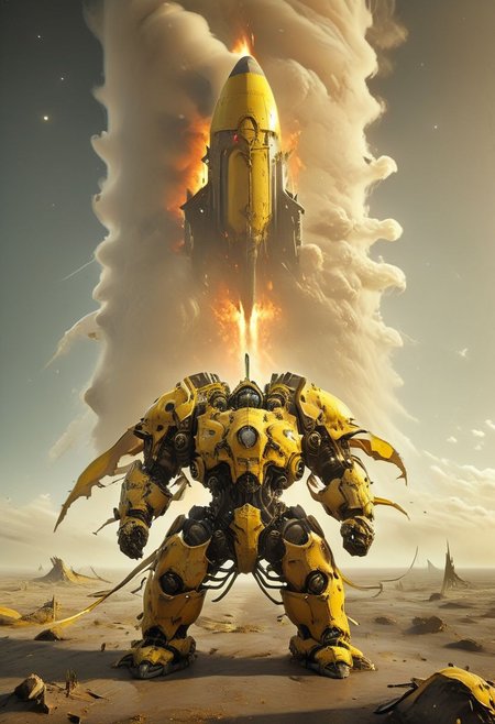 magictutchurch, vibrant colorful anime sketch by herg, amazing quality, masterpiece, best quality, hyper detailed, ultra detailed, majestic, awesome, inspiring, closeup of a planets surface, a giant decaying rotten abandonded  Dreadnought mech drdnght machine Wielding sword, standing on it, standing in a desolate sci-fi megacity barely visible at the yellow Planets surface under a curtain of clouds, burning rockets flying through Atmosphere, large scale explosions, atmospheric haze, atmospheric lighting, cinamatic composition, soft shadows,