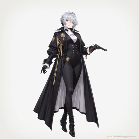 ww1era, victorianera, 18cera, alone, solo, full body,  simple background, white background, no background, 1woman, young woman, light gray eyes, silver hair, short hairstyle, smirk, white shirt, black coat, black gloves, black jeans, luxurious shoes, standing pose, mauser pistol, secret service, special agent, gold badge, russian
<lora:RavenScript :1>