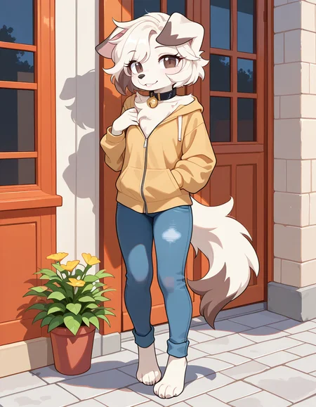 masterpiece, best quality, very aesthetic, absurdres,
outdoors, casual, 
full body, standing, posing, 
seductive smile, parted lips, long eyelashes,
 <lora:Infi_v01_NAIXL:1>,
1nf1,1girl,solo,furry,furry female,dog girl,dog ears,short hair,white hair,brown eyes,snout,animal nose,collar,neck bell,body fur,white fur,dog tail,