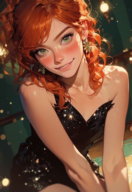 masterpiece,best quality, highly detailed, score_9, score_8_up, score_7_up, score_6_up, source_cartoon,
BREAK,
1girl, Mary Jane, Marvel, green eyes, orange hair, freckles, 1girl, blush, looking at viewer, short dress, mini black dress, glitter on black dress, sparkling dress, bare shoulders, dynamic angle, arms behind body, slightly smile, full figure, depth of field, Ball background, earrings, night, indoors, gala background, gala, Aristocratic Soirée, Elite Gathering people background, Semi-realism, closed mouth, bokeh, leaning forward, 